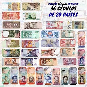Kit com 36 Cédulas Estrangeiras de 20 Países - África, Ásia, Américas e Europa - 100% Flor de Estampa.