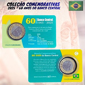 Blister com a moeda Moeda 60 Anos do Banco Central - 1 Real 2025 - Flor de Cunho