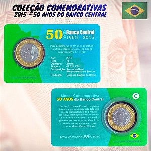 Blister com a moeda 50 Anos do Banco Central - 1 REAL 2015 - V-587 - Flor de Cunho