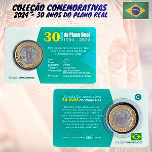 Blister com a moeda 30 Anos do Real - 1 Real 2024 - Flor de Cunho