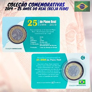 Blister com a Moeda Beija Flor - 25 Anos do Real - 1 Real 2019 - V-624 - Flor de Cunho