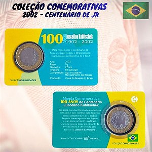 Blister com a moeda Centenário de Juscelino Kubistchek - 1 Real 2002 - V-573 - Circulada