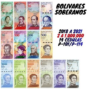 Venezuela - Set com 14 Cédulas - 2 a 1 Milhão de Bolivares Soberanos - Flor de Estampa - P-101 a P-114 - Flor de Estampa