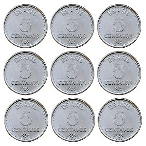 Promoção - 09 Moedas de 5 Centavos 1986 - V-383 - Aço Inox - Flor de Cunho