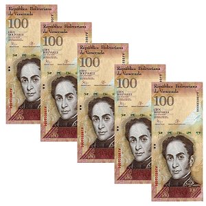 Venezuela - 5 Cédulas de 100 Bolivares Forte 2015 - P-93i - Rara - Simon Bolivar - FE
