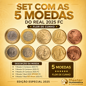Lançamento - Set com 5 Moedas de 2025 - 5, 10, 25 Centavos + 1 Real Efigie + 1 Real 60 anos do Banco Central - Flor de Cunho