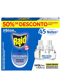 Repelente Elétrico Raid Líquido, 45 Noites, 2 Refis de 32,9ml