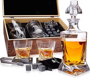 Decantador de Bourbon 1L com copos, pedras de uísque, porta-copos e pinças