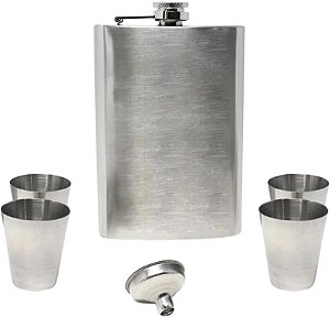 Kit Cantil Porta Bebida de Bolso Inox 224ml com 4 Copos e Funil