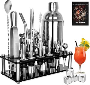 Kit de Coquetel Profissional com 26 Peças + Coqueteleira de 750ml + Suporte de acrílico