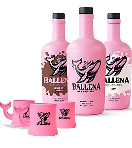 Kit Licor Ballena Morango, Coco e Chocolate com Tequila 3x750ml + Copo