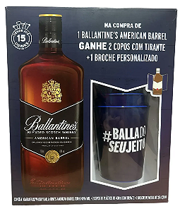 Kit Whisky Ballantine's Bourbon Blended Scotch 750ml + 2copos + 1 broche