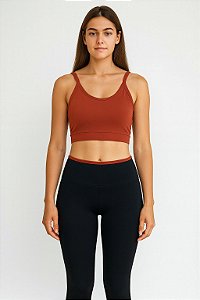 Conjunto Fitness Legging Preta com Friso Terracota e Top