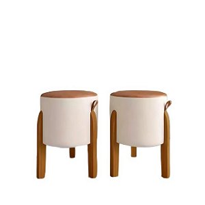 Kit 2 Puff Redondo Luma Bege Couro Decorativo Sala De Estar