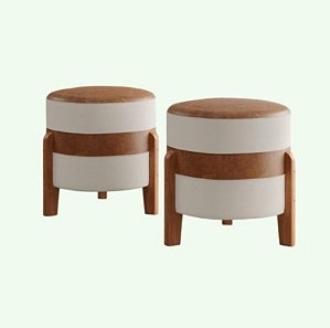 Puff Kit 2 Unidades Orion Couro Bege Decorativo Pés Madeira