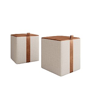 Puffs Quadrados – Revestimento em Linho e Couro Sintético | Cor Bege Caramelo | Design Moderno e Confortável kit com 2 unidade