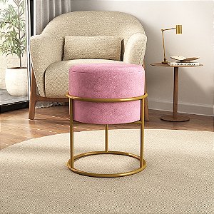 Puff Iron Base Ferro Argola Dourada Metalizada Veludo Rosa