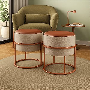 kIT Puff Iron Couro E Linho Bege Base Argola De Ferro Cobre