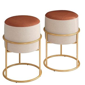 Kit 2 Puff Redondo Iron Argola Couro Bege/caramelo
