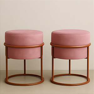 Kit 2 Puff Redondo Iron Veludo Com Base Argola Cobre Cor Rosa