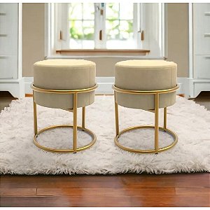 Puff Banqueta Base Ferro Argola Dourada Metalizada linho Bege Kit 2 unidades