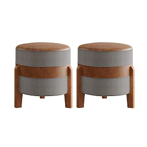 Kit 2 Puff Banqueta Órion Redondo Couro Caramelo e Linho Cinza - Design Industrial