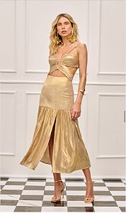 VESTIDO MIDI PLISSADO GOLD