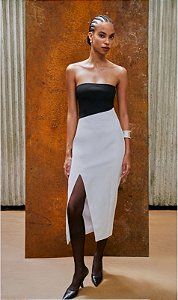 VESTIDO MIDI P&B DETALHE TRICOT