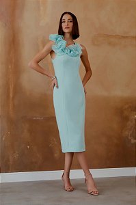 Vestido Midi Detalhe Flor Decote