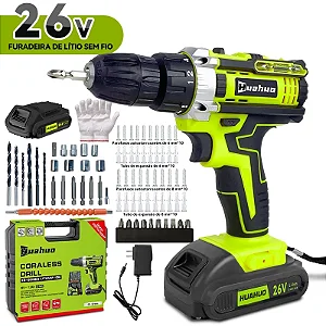 Parafusadeira Furadeira 26V Baterias Sem Fio Impacto Com Maleta Completo Broca Bits Maleta (110V/220V)~