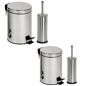 Kit Lixeira 5 litros Inox + Escova Sanitária Inox para Banheiro