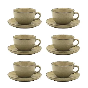 Jogo de 6 Xícaras Grandes 200 Ml Com Pires Flat Ocre