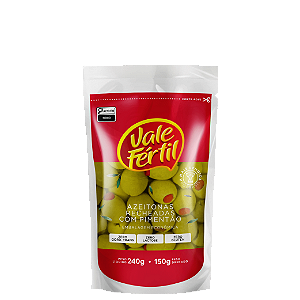 AZEITONAS VERDE RECHEADAS COM PIMENTÃO SACHÊ 150G VALE FÉRTIL.