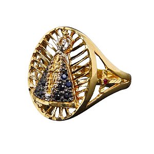 Anel Nossa Senhora Aparecida em Ouro 18k 750 Zirconia