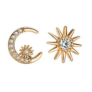 Brincos em Ouro 18k 750 Sol e Lua com Zircônia