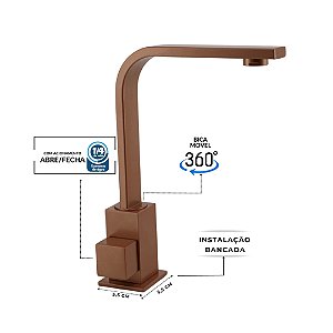 TORNEIRA BICA MÓVEL QUADRITT SLIM BANCADA LAVATÓRIO 4040 AÇO CORTEN