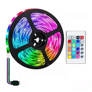 Fita LED RGB Colorida com Controle e Fonte Bivolt - Rolo 5 Metros