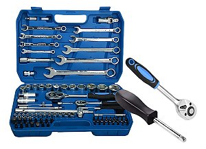 Kit de Ferramentas 82 Peças com Maleta – Soquetes, Chaves e Catracas 1/4" e 1/2"