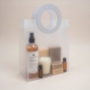 Sacola Transparente Fosca PVC com Alça Redonda de Couro Branco - 32x26x14,5cm - 1 unidades - Rizzo
