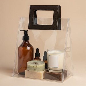 Sacola Transparente PVC com Alça Quadrada de Couro Preto - 26x22x12cm - 1 unidade - Rizzo