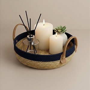 Bandeja Decorativa Paracanas Azul Pequena - Alça de Couro - 31x31x8,5cm - 1 unidade - Rizzo
