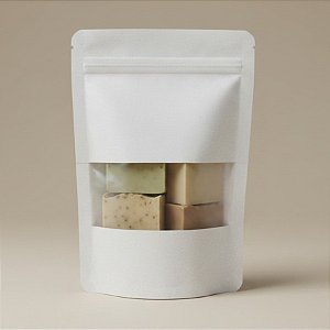 Saco de Papel Branco com Visor Stand Up Pouch Zip 18x26x4cm - Fecho Hermético Impermeável por dentro - 50 unidades - Rizzo