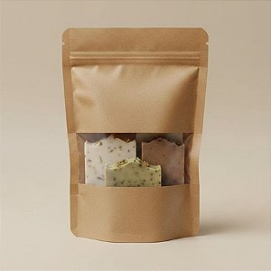 Saco de Papel Kraft com Visor Stand Up Pouch Zip 15x22cm - 50 un - Hermético Fosco p Fora Impermeável p dentro - Rizzo