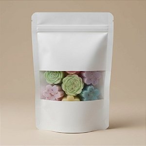 Saco de Papel Branco com Visor Stand Up Pouch Zip - 14x20cm - 50 un - Fecho Hermético Impermeável por dentro - Rizzo