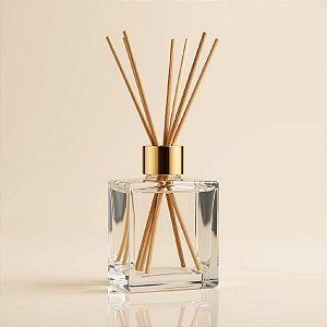 Frasco De Vidro Cubo Difusor Com Tampa Difusora e Varetas - Dourada - 5,5x8cm - 100ml - 1 unidade - Rizzo