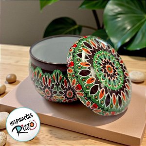 Lata De Metal Estampa De Mandala - Verde e Vermelho - 7x7x4cm - 130ml - 1 unidade - Rizzo