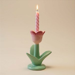 Suporte para Vela em Cerâmica - Flor Grande - Rosa - 12cm - 1 unidade - FlorArte - Rizzo