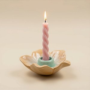 Suporte para Vela em Cerâmica - Flor - Bege e Verde - 11cm - 1 unidade - FlorArte - Rizzo