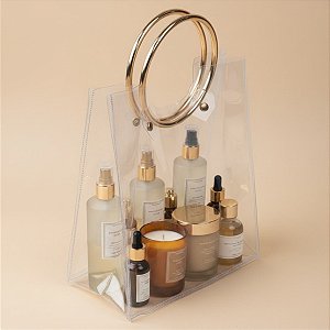 Sacola Transparente PVC com Alça Redonda de Metal - Dourado - 28x25x15cm - 1 unidade - Cromus - Rizzo