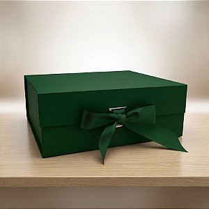 Caixa de Papel Rígido Retangular com Imã e Fita  - Verde Escuro - P 20x18x8cm - 1 unidade - Rizzo